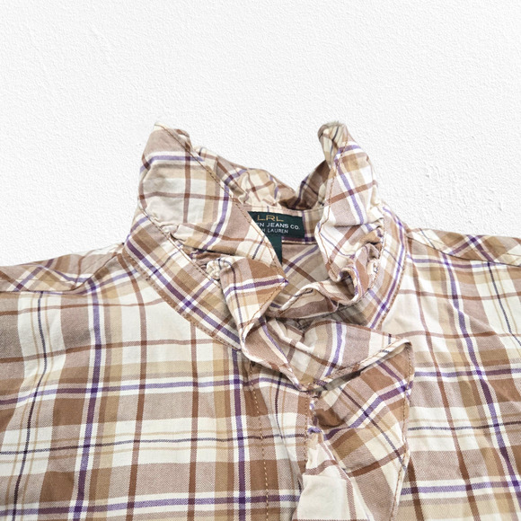 Y2K Lauren Jeans Co. Plaid Tan Ruffle Button Up 2000s Western Blouse Size XL - Picture 7 of 12